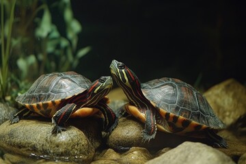 Obraz premium Two red-eared slider turtles resting on rocks in a pond