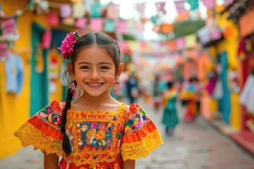 Fototapeta premium Mexican girl smiling wearing traditional dress during a celebration in a colorful street