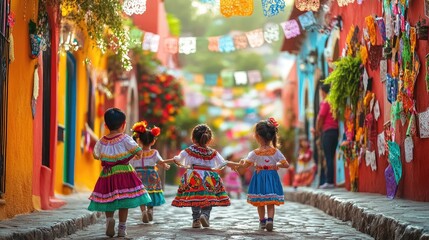 Obraz premium Children wearing traditional mexican dresses walking down colorful street