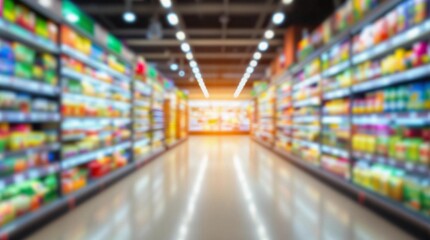 Blurred Supermarket Aisle with Bright Shelves  
