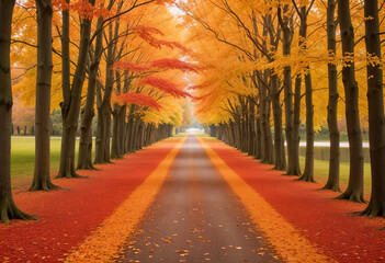 autumn alley along with tall trees with lush vibrant orange yellow foliage and bright sunlight in the distance