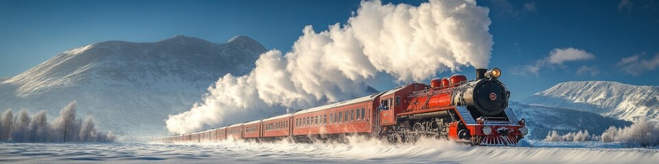 Classic Red Steam Locomotive, Detailed Train on Snowy Mountainscape for Promotional Travel Materials
