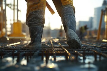 Construction worker steel fixer working at the building site close up