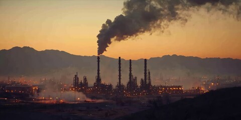 Industrial refinery with chimneys and storage tanks, Generative Ai.