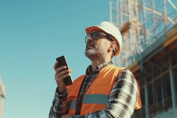 Senior contractor manages outdoor construction project  discusses safety and development.