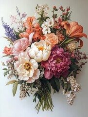 Fototapeta premium Dutch Masters Floral Harmony, a vibrant composition showcasing peonies, lilies, and tulips in a classic style, set against a pristine white backdrop, celebrating nature's beauty.