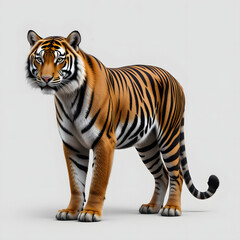 Obraz premium Tiger isolated on a white background, Side view, tiger standing full HD image generated by Ai. full body, realistic, full detail looking at the camera.