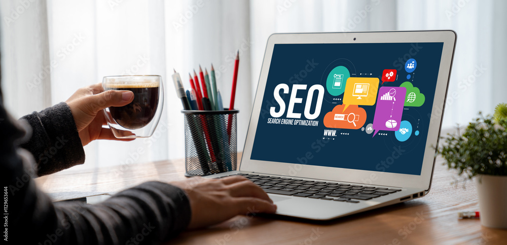 Poster seo search engine optimization for modish e-commerce and online retail business showing on computer 