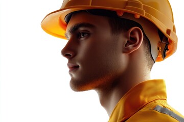Male civil engineer body part with yellow safety helmet isolated over white background