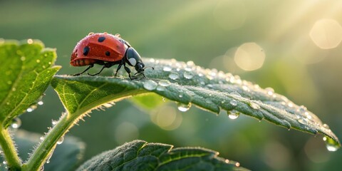 Macro Photograph of a Ladybug on Dew-Covered Leaf in Morning Sunlight with Bokeh Background