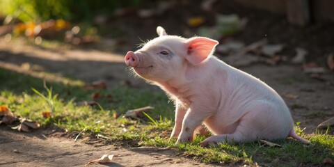 Cute Young Pig Sitting in the Grass