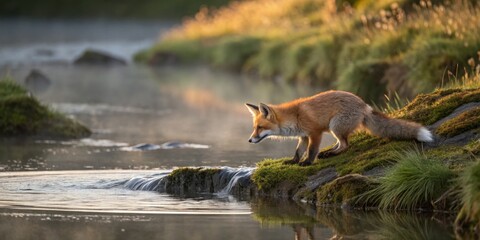 Young Fox by the edge of a Gently Flowing River