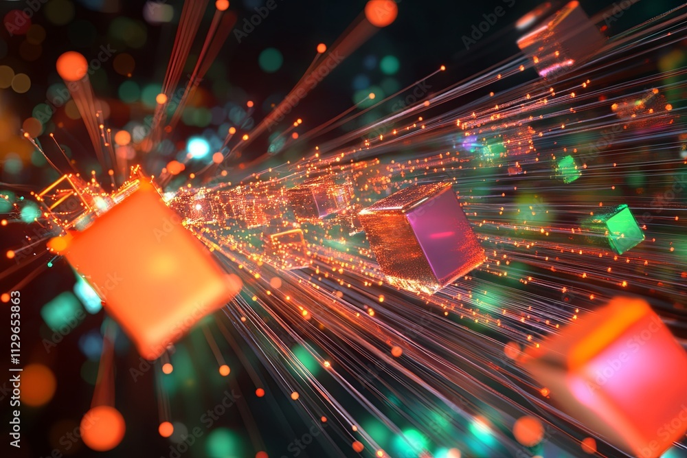 Fototapete dynamic flow of glowing cubes and particles creates a vibrant digital landscape in abstract visual a