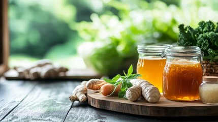 Jars of fermented vegetables probiotics for gut health on wood table, Generative Ai.