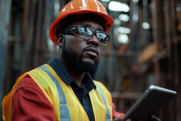 Portrait of African American civil engineer or construction worker holding tablet computer.