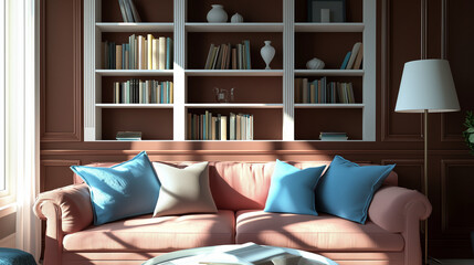 Elegant living room with a pink sofa, blue pillows, and built in bookshelves in natural light