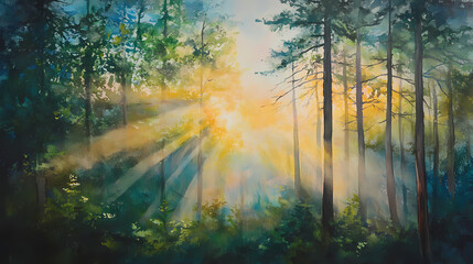 Fototapeta premium Serene forest awakening: sunlight filtering through lush trees. Serendipity. Illustration