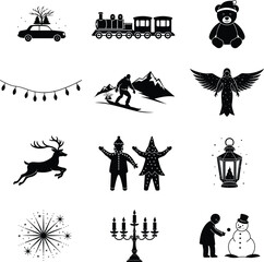 Obraz premium Set of minimalist Christmas elements black silhouette on white .