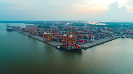 Top view of a cargo ship of cargo containers, being unloaded at the port., Generative Ai.