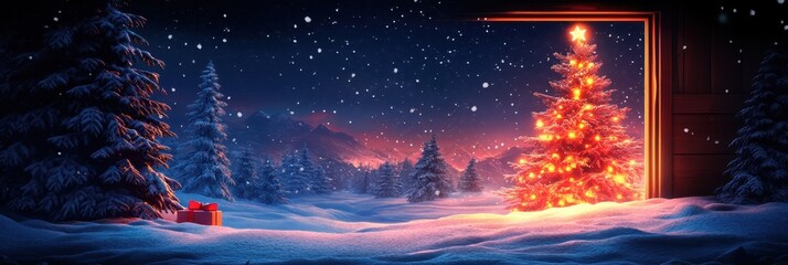 Festive Christmas Tree, Warmly Lit Window in Snowy Landscape, Indoor Scene with Fireplace