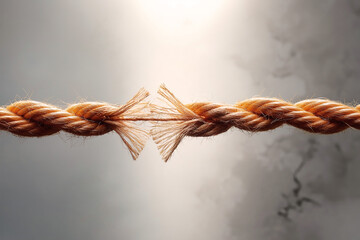 Two pieces of tense and frayed rope with one rope thread left, stressful situation concept