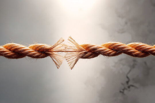 Two pieces of tense and frayed rope with one rope thread left, stressful situation concept