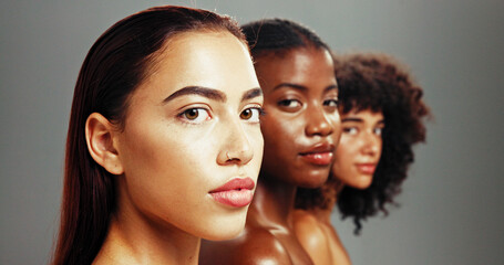 Women, inclusion and confident for skincare in studio background for diverse beauty. Natural,...
