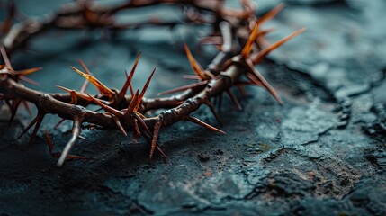Fototapeta premium Crown of thorns on dark background. Easter holiday, Christian concept of suffering and God symbol.