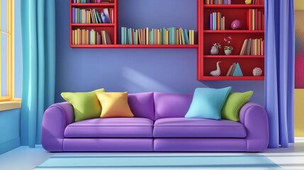  Cozy living room with a vibrant purple sofa, colorful pillows, and bookshelves in a bright setting