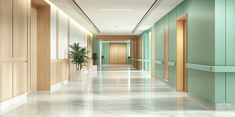 Fototapeta premium light green and gold modern hospital corridor with different rooms, elegant wooden wall panel and marble floor 