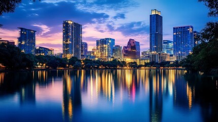 Obraz premium Twilight Cityscape, a vibrant skyline illuminated by twinkling lights, reflects in the tranquil water, showcasing the enchanting allure of urban nightlife.