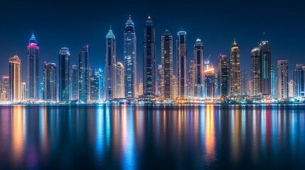 Fototapeta premium Twilight Cityscape, a vibrant skyline at dusk, shimmering lights reflecting on calm waters, showcasing the enchanting allure and energy of urban nightlife.