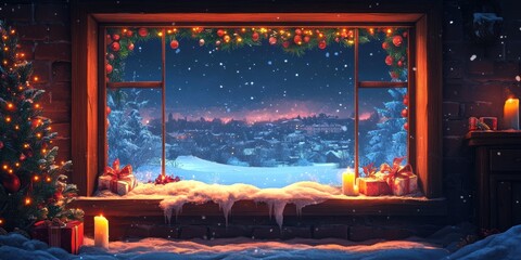 Christmas Night Scene with Rustic Window, Illuminated Wreath, Snowy Landscape, and Starry Sky, for Holiday Greetings or Advertising