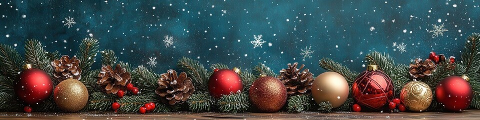 Christmas Garland, Colorful Ornaments, Small Lights on Nighttime Sky Backdrop for Festive Celebrations