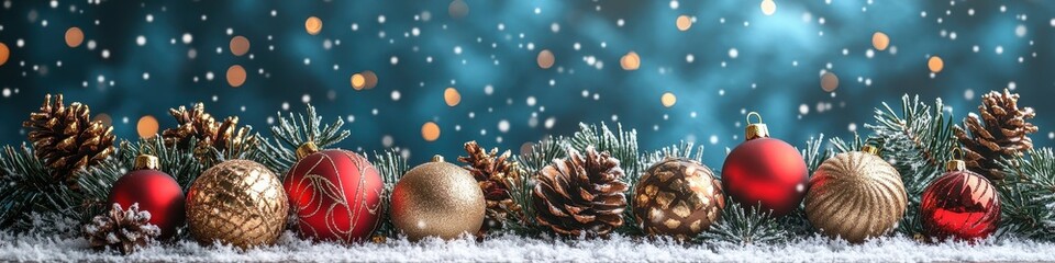 Christmas Ornaments Arrangement, Gold and Red Glossy Ornaments, Green Pine Cones on Twilight Sky Background, for Holiday Decorations