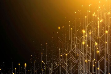 Abstract dark geometric background featuring glowing golden lines and sparkles, creating a modern, futuristic, and elegant design.