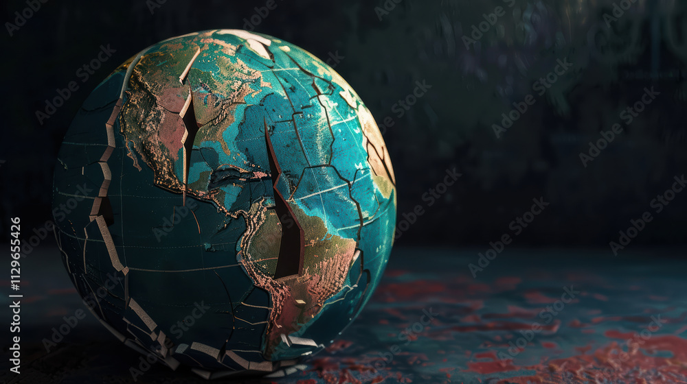 Aufkleber cracked globe with visible trading routes symbolizes global disruption and change. intricate details