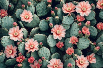 Close up of vibrant pink cactus flowers blooming on prickly pear cacti, forming a captivating natural pattern