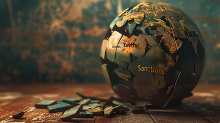 cracked globe symbolizes global trade issues, featuring labels like Tariffs and Sanctions. This evokes sense of economic tension and fragmentation