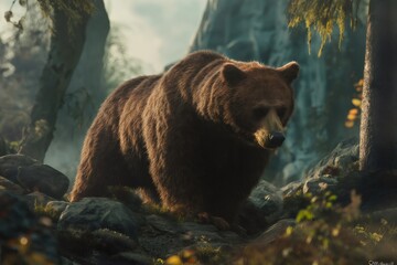 Obraz premium Large brown bear walks through a rocky, mossy forest, its thick fur blending with the earthy tones of its surroundings