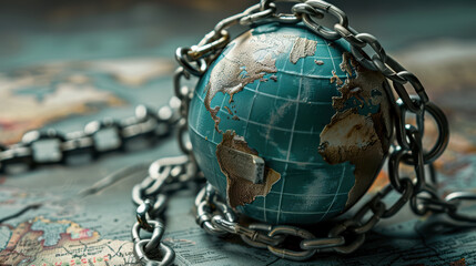 globe encased in steel chains symbolizes restriction and confinement, highlighting fragility of freedom. intricate details of globe contrast with heavy chains