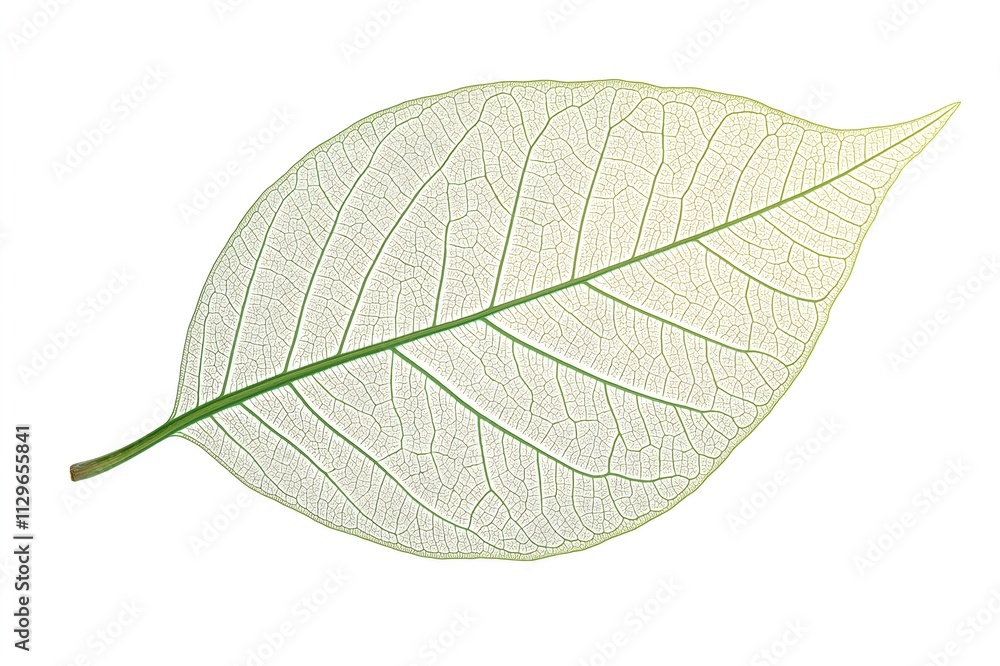 Poster green skeleton leaf is laying on white background showing intricate vein structure, creating a delic
