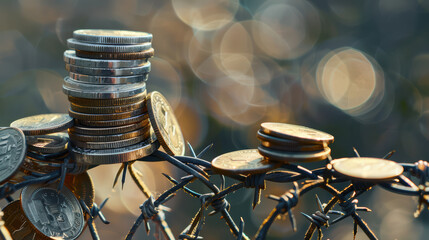 stack of coins trapped behind barbed wire fence symbolizes financial struggle and confinement. blurred background adds depth to scene, enhancing emotional impact