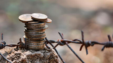 stack of coins trapped behind barbed wire fence symbolizes financial struggle and confinement. contrast between wealth and restriction evokes sense of tension and challenge