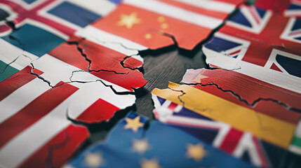 Torn flags representing international relations and trade agreements, symbolizing conflict and division among nations. image evokes sense of tension and uncertainty