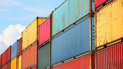 Colorful cargo containers stacked against blue sky, showcasing vibrant hues of red, yellow, blue, and green. image captures essence of industrial trade and logistics