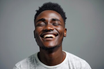 Obraz premium Close up portrait of a happy young african american man laughing against gray background