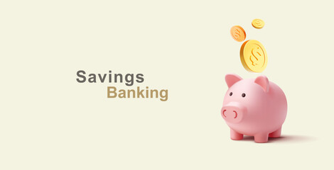 Piggy bank, coins, 3D. Realistic modern concept for banking, business, and charity. Vector illustration.