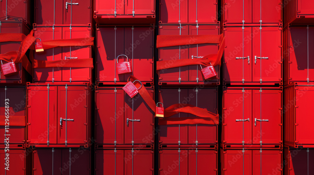 Poster stacks of red shipping containers secured with locks and red tape, symbolizing restriction and secur