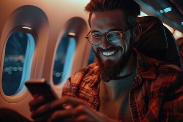 Stylish man uses smartphone to book international flight tickets.